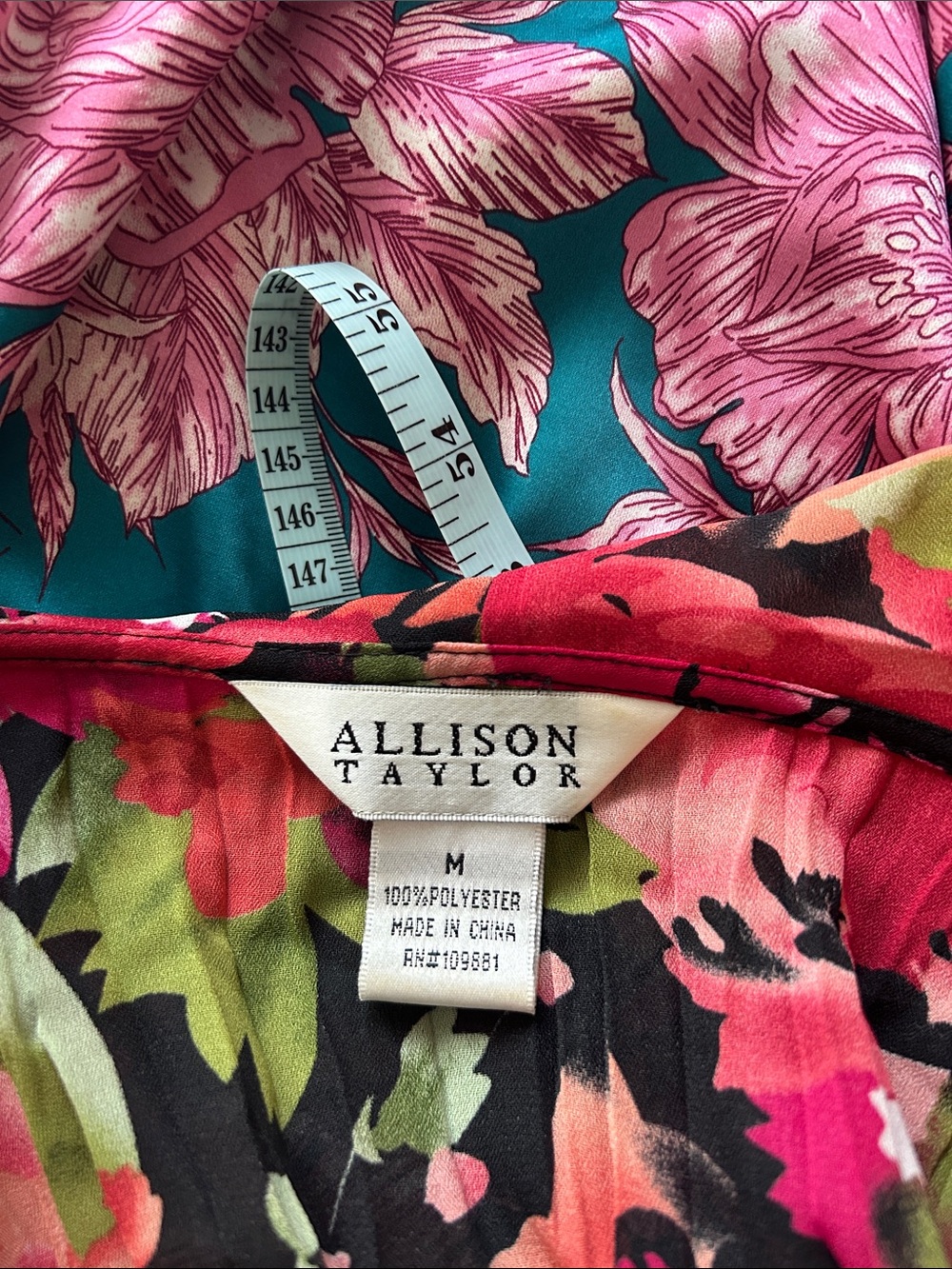 Size M | Allison Taylor | Black Floral Ruffle V-Neck Blouse with Pink & Green - Picture 11 of 11